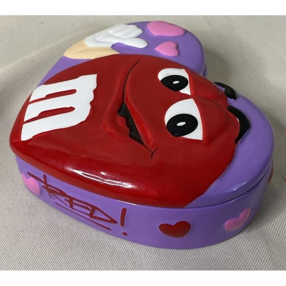 M&M Ceramic Heart Shaped Candy Dish Red Purple Trinket Box Valentine's Day - Picture 5 of 9